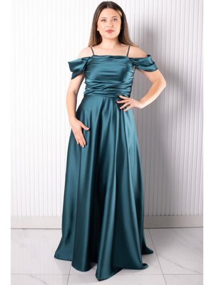 Petrol Askılı Saten Abiye Elbise Petrol Askılı Saten Abiye Elbise