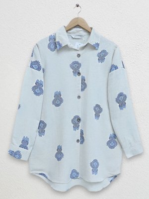 İndigo Boydan Düğmeli Desenli Oversize Keten Tunik