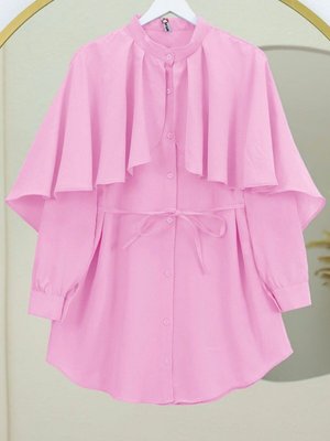 Pembe Dik Yaka Pelerin Detaylı Poplin Gömlek