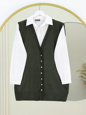 Haki V Yaka Düğmeli Triko Yelek