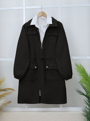 Siyah Kolu Lastikli Top Düğme Cepli Fermuarlı Kaşe Kap