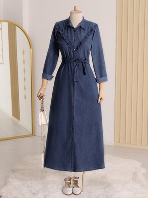 İndigo Boydan Düğmeli Beli Bağlamalı Kot Elbise