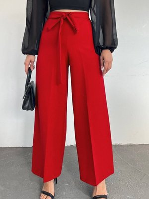 Kırmızı Beli Bağcıklı Double Bol Paça Pantolon