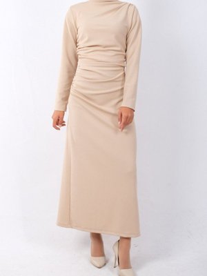 Bej Kayık Yaka Yandan Drapeli Örme Krep Elbise