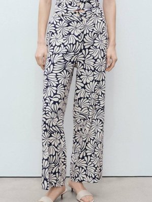 Ekrü Çiçekli Keten Pantolon