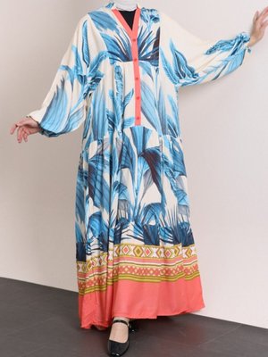 İndigo Kolu Lastikli Dik Yaka Yarım Düğmeli Viskon Elbise