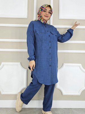 İndigo Dantel Detaylı Aplike Cepli İkili Takım