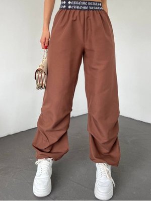 Kahve Beli Bantlı Paçası Lastikli Pantolon