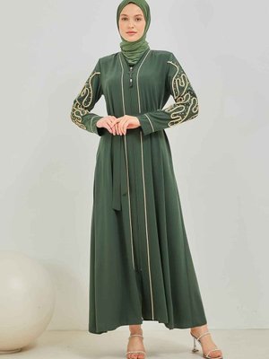 Haki Özel Tasarım İncili Abaya Haki Özel Tasarım İncili Abaya