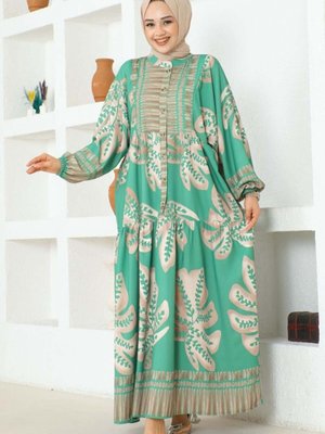 Yeşil Tropikal Desenli Elbise