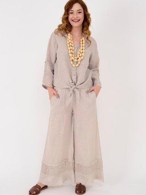 Bej İtalyan Fisto Detaylı Keten Pantolon