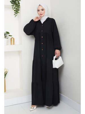 Düğmeli Siyah Ayrobin Elbise