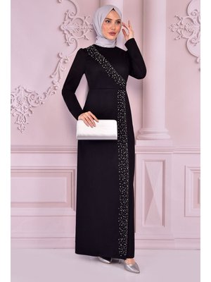 Giyim Moda Taş Işlemeli Uzun Abiye Elbise Siyah