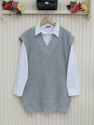 Gri V Yaka Geniz Ribanalı Prinç Örme Uzun Süveter