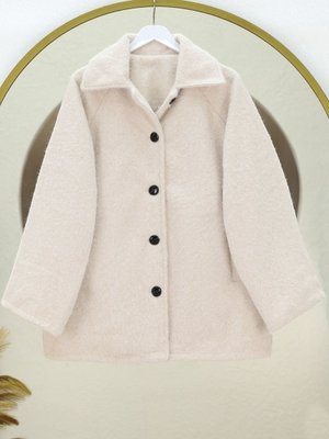 Ekru Çift Cepli Önü Düğmeli Astarlı Buklet Kaban