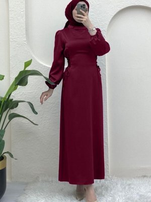 Bordo Yanları Bağlamalı Kolu Lastikli Saten Abiye Elbise Bordo Yanları Bağlamalı Kolu Lastikli Saten Abiye Elbise