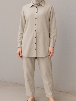 Bej Boydan Düğmeli Pantolon Gömlek Keten İkili Takım