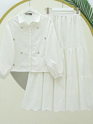 Beyaz Fisto Detaylı Etekli İkili Takım