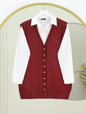 Bordo V Yaka Düğmeli Triko Yelek
