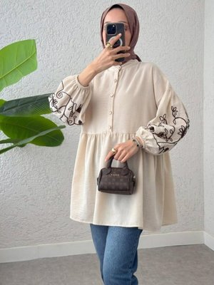 Taş Yarım Düğmeli Kolu Lastikli Nakışlı Parçalı Tunik