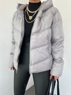 Gri Sabit Kapüşonlu Fermuarlı Kışlık Mont