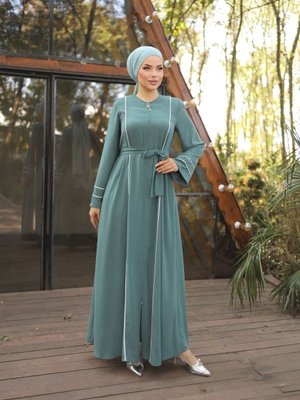 Turkuaz Ankanoor Mint Kol Ağzı Ve Önü Çift Biyeli Ferace Turkuaz Ankanoor Mint Kol Ağzı Ve Önü Çift Biyeli Ferace