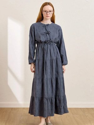 Fistolu Müslin Kat Etek & Fiyonklu Bluz Takım Dark İndigo