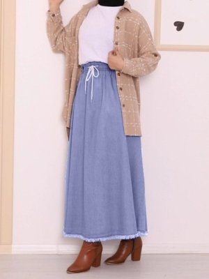 Buz Mavi Uzun Eteği Püsküllü Cepli Kot Etek