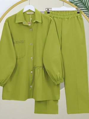 Fıstık Yeşili İnci Detaylı Çıtçıtlı Yıkamalı Pamuk Gabardin İkili Takım