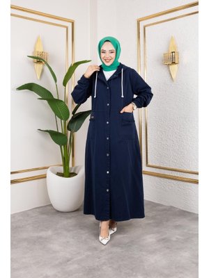 Düğmeli Kapüşonlu Cep Püsküllü Lacivert Kot Kap Düğmeli Kapüşonlu Cep Püsküllü Lacivert Kot Kap