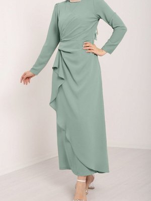 Mint Önü Allerli Eteği Asimetrik Krep Elbise