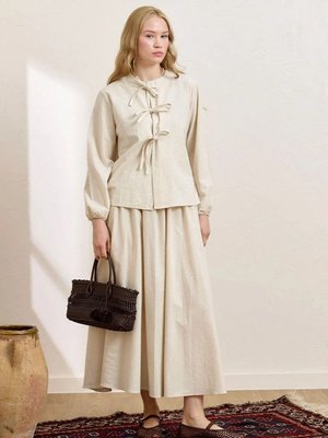 Krem Üç Fiyonklu Organik Keten Bluz & Balon Etek Takım