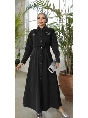 Boncuk İşlemeli Düğmeli Kot Elbise