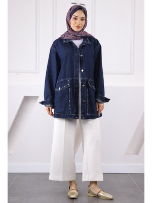 Koyu Mavi Taşlı Kot Ceket