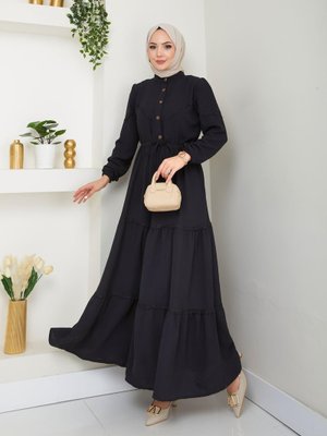 Dantel Detaylı Bel Bağcıklı Siyah Ayrobin Elbise