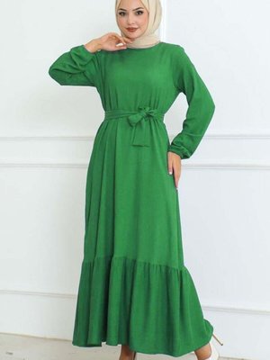 Yeşil Eteği Fırfırlı Bürümcük Elbise