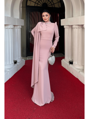 Pudra Atlas Kumaş Omuz Şal Detaylı Balık Elbise