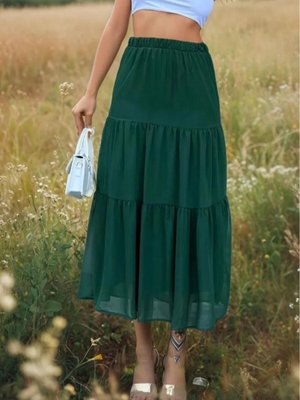Yeşil Katlı Şifon Maxi Etek Beli Lastikli Yeşil Katlı Şifon Maxi Etek Beli Lastikli