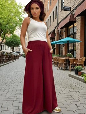 Bordo Beli Lastikli Cepli Salaş Bol Paça Pantolon Bordo Beli Lastikli Cepli Salaş Bol Paça Pantolon
