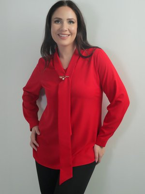 Kırmızı V Yaka Fularlı Krep Saten Büyük Beden Bluz