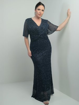 Lacivert V Yaka Astarlı Önü Düğüm Detaylı Boru Boncuk İşlemeli Büyük Beden Elbise