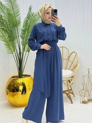 İndigo Yarım Düğmeli Kemerli Beli Lastikli Tulum İndigo Yarım Düğmeli Kemerli Beli Lastikli Tulum