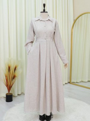 Taş Yarım Düğmeli Beli Lastikli Keten Elbise Taş Yarım Düğmeli Beli Lastikli Keten Elbise