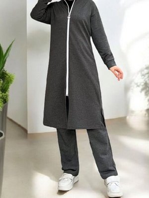 Antrasit Yakası Biyeli Boydan Fermuarlı İki İp Penye İkili Takım