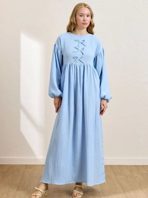 Bebe Mavisi Müslin Fiyonklu Belroba Elbise