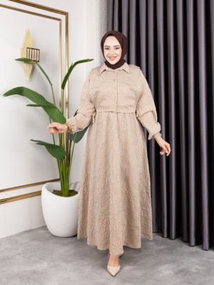 Vizon Çizgili Viskon Kırışık Dokulu Gömlek Yaka Uzun Elbise Vizon Çizgili Viskon Kırışık Dokulu Gömlek Yaka Uzun Elbise