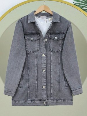 Füme Önden Kapaklı Cepli Kot Ceket Füme Önden Kapaklı Cepli Kot Ceket