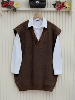 K. Kahve V Yaka Geniz Ribanalı Prinç Örme Uzun Süveter