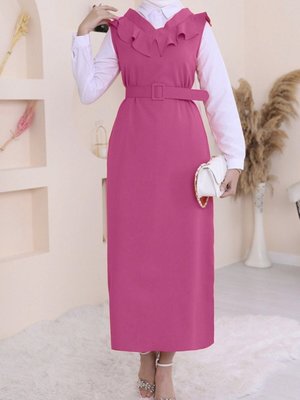 Fuşya Yakası V Kemerli Uzun Jile Elbise Fuşya Yakası V Kemerli Uzun Jile Elbise