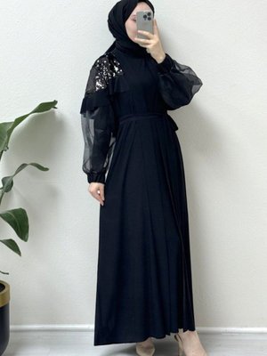 Siyah Omuzları Pul Payet Kolu Tül İkili Abaya